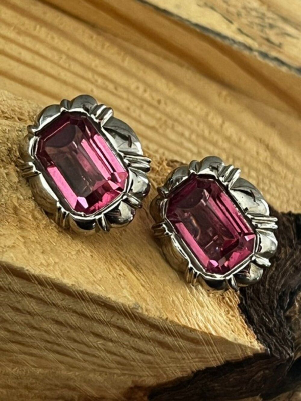 Clip Earrings Pink Faceted Stone Silver Tone Setting Colorful